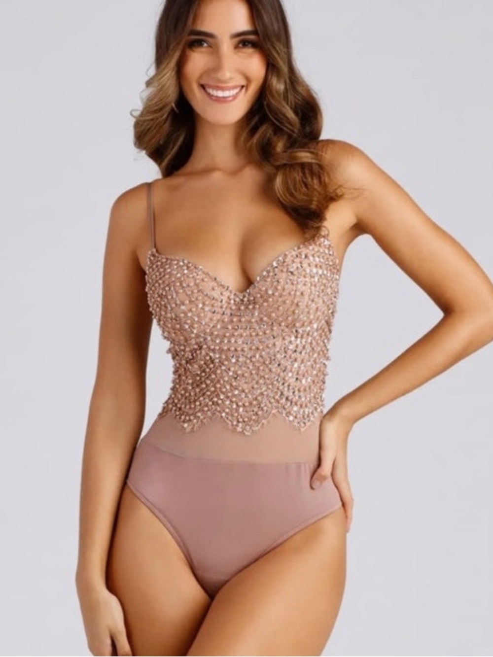 Windsor | women’s size medium nude beaded lace top bodysuit adjustable straps